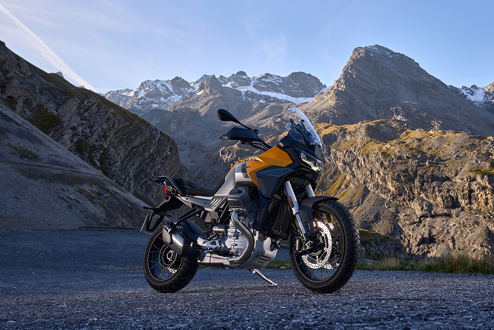 Moto Guzzi Stelvio bike in front of hills